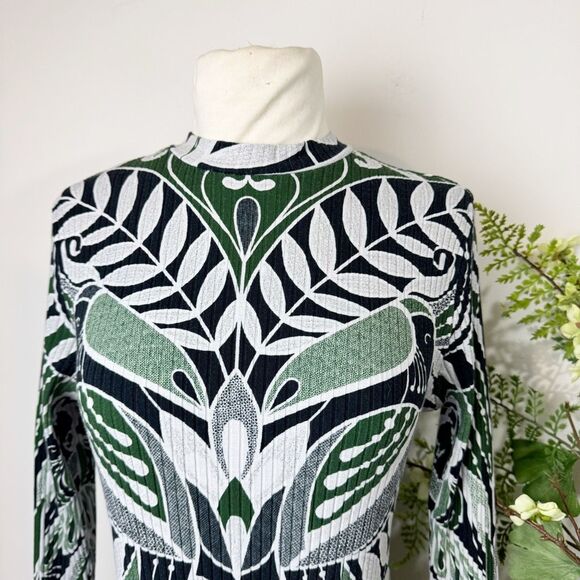 Farm Rio Printed Long-Sleeve Ribbed Bodysuit Green Black | Large - Picture 4 of 14